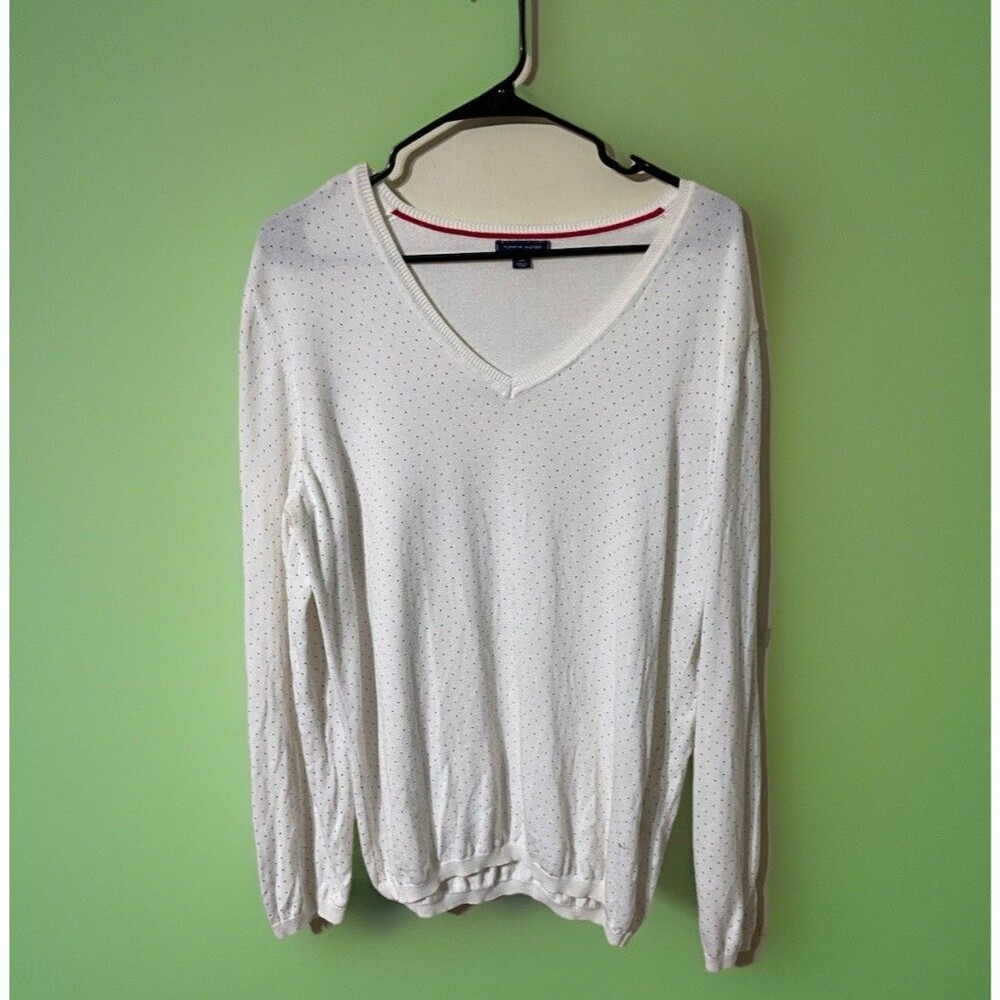 TOMMY HILFIGER WOMENS LIGHT SWEATER PULLOVER V-NECK POLKA DOT OFF WHITE SIZE L